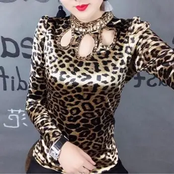 2020 m. Pavasarį ilgai rankovių stovėti apykaklės, diamond leopard marškinėliai moterims tuščiaviduriai iš Leopardas puloveriai) su tuščiavidurio iš leapard viršūnės