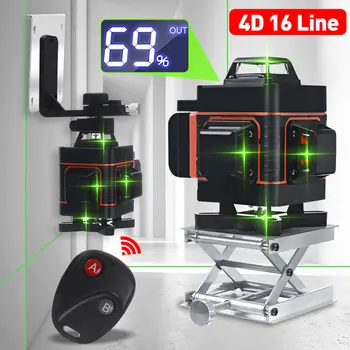 4D 16 Linijų Lazerio Lygio Žalia Lemputė LED Ekranas, Auto Savarankiškai Lygiava 360° Horizontalus Vertikalus Nuotolinio Valdymo pultas Su Trikoju
