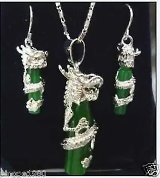 Nauja Stiliaus Karšto pardavimas**** green jade sidabro plokštelės dragon Karoliai, auskarai Mados Vestuves Juvelyriniai dirbiniai