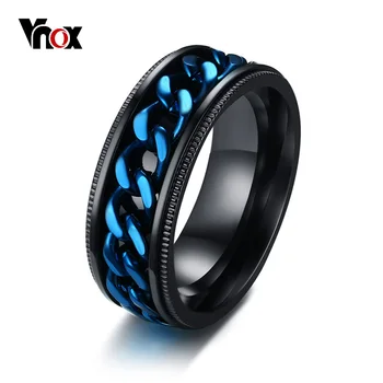 Vnox Mens FIDGET Juodos spalvos Žiedai su Mėlynai Centras Pažaboti Grandinėje Suktuko Žiedas, Nerūdijančio Plieno, Sumažinti Stresą Nerimauti Vyrų Priedai