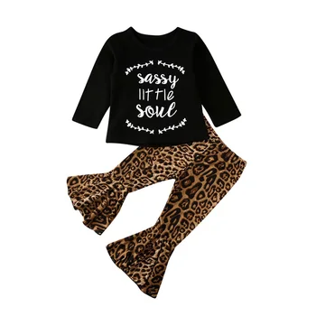 1 6 Metų Mergaitės Bamblys Vaikų Drabužius Pavasario Rudenį ilgomis Rankovėmis Raidė T-shirt Viršūnes + Leopard Užsiliepsnojo Kelnės Laisvalaikio Kelnės Komplektai