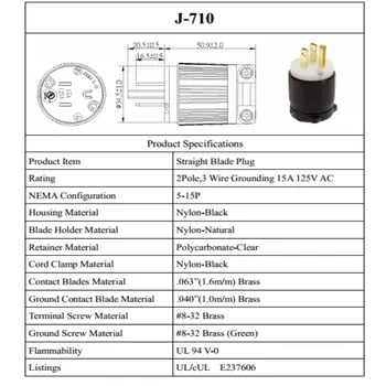 15A 125V MUMS NEMA 5-15P Pramoninis Kištukas g AC 2Pole 3Wire Įžeminimo kištukinis Adapteris, UL/CUL sertifikuota Plug Generatorius Plug