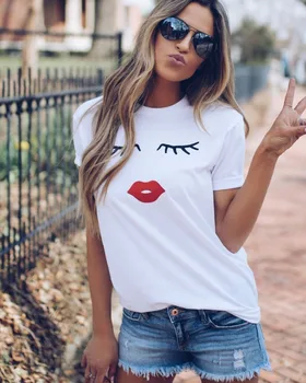 2019 blakstienų raudonų lūpų tshirts spausdinti raidžių moterų marškinėliai plius dydis vasaros marškinėliai, femme harajuku marškinėliai moterims topai XS-4XL