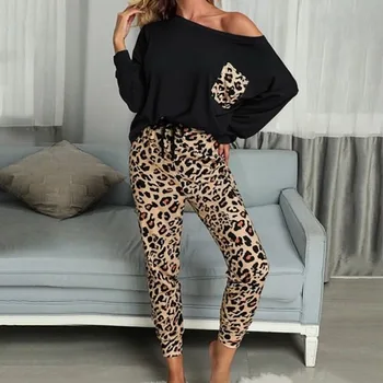 2020 Leopardas Spausdinti Homewear Kostiumas Moterims Rudenį Atsitiktinis T Shirts Raišteliu Sweatpants Loungewear Pižama Rinkiniai Elastinga Sleepwear