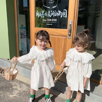 2020 M. Pavasario Baltos Spalvos, Vaikams Chidren Medvilnės Suknelė Naują Korėjiečių Mergaitės Baltos Spalvos Nėrinių Suknelė Vaikams, Kūdikiams Ilgomis Rankovėmis Medvilnės Suknelės