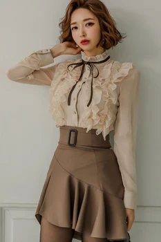 2020 M. Pavasarį Naujas Moterų Kostiumai Dviejų Dalių Rinkinys Korėjos Stiliaus Skaidrūs Stovėti Apykaklės Vieną Krūtinėmis Viršūnes Ir Sijonas Nustatyti Drabužių