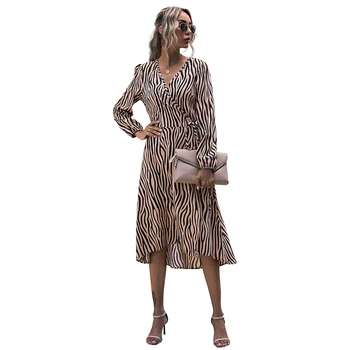 2020 Mados Tendencija Moterų Rudenį Naujų Prarasti Suknelė Zebra Modelis Ilgomis Rankovėmis V-Kaklo, Juosmens Nėrinių Atsitiktinis Šalis Atostogų Midi Suknelė