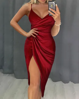 2020 Moterų Mados Elegantiškas Šalis Kietas Rankovių Kokteilis Raudona Suknelė Seksualus Ruched Aukštos Ritininės Wrap Midi Suknelė Spageti Dirželis