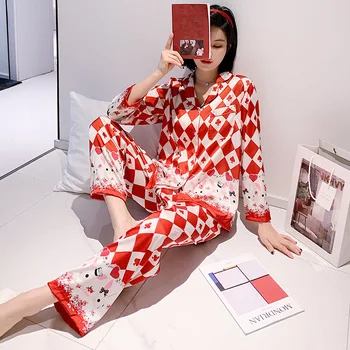 2020 Naujas Naujausias Šilko Pižama Moterims, Saldus Animacinių filmų Pižamos Moters Elegancija ilgomis Rankovėmis Homewear Ponios Sleepwear Rinkiniai