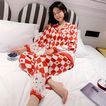 2020 Naujas Naujausias Šilko Pižama Moterims, Saldus Animacinių filmų Pižamos Moters Elegancija ilgomis Rankovėmis Homewear Ponios Sleepwear Rinkiniai