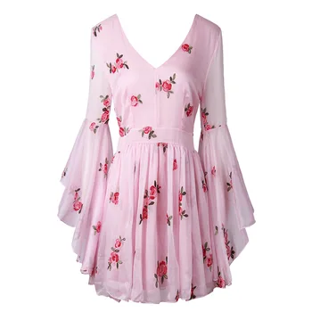 2020 Naujas Vasaros Derliaus Tvarstis Gėlių Siuvinėjimas Suknelė Moterims Rožinė Ilga Blyksnius Rankovėmis V-kaklo Suknelė Vintage Seksualus Suknelės, Šaliai