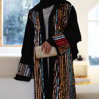 2020 Naujausias Abaja Moterų Spalvinga Dryžuotas China Siuvinėti Plisuotos Hem Cardigan Skraiste Dubajaus Mados Islamo Turkija Kimono