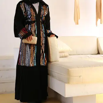 2020 Naujausias Abaja Moterų Spalvinga Dryžuotas China Siuvinėti Plisuotos Hem Cardigan Skraiste Dubajaus Mados Islamo Turkija Kimono