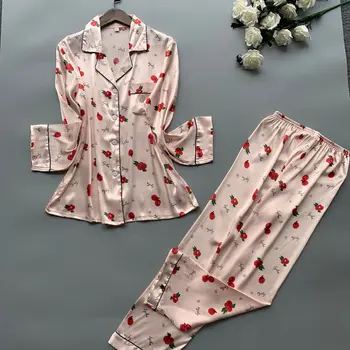 2020 Satino Pižamos Moterų Pižama Rinkinius, Kelnės 2019 Gėlių Spausdinti ilgomis Rankovėmis Šilko Sleepwear Pijama Mujer Moterų Nightsuit