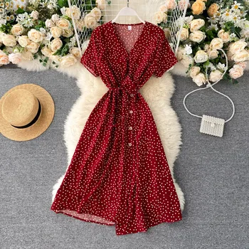 2020 korėjos Raudona elegantiška, seksuali Suknelė moterims vasaros paplūdimio V-kaklo polka dot midi suknelė juosmens padalinta suknelė vestidos de fiesta drabužiai