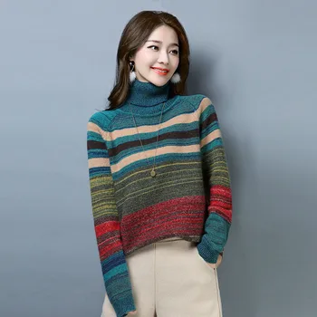 2020 m. Moteris Rudens-Žiemos Golfo ilgomis rankovėmis Megztinis (Puloveris) Naujas korėjiečių Stilius Laisvas, Spalvotas Dryžuotas Viršūnes Storio PL555