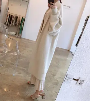 2021 Moterų Ilgas Cardigan korėjos Stiliaus Elegantiškas Atsitiktinis Šikšnosparnių Rankovėmis susagstomi megztiniai moterų Naujos Mados Pūkuotas Megztinis vientisų paltai Femme