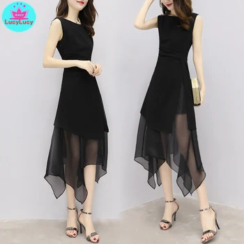 2021 m. vasarą naujų korėjos stiliaus plonas seksualus mados juodo šifono temperamentas suknelė moteriški drabužiai Užtrauktukų Rankovių Kietas