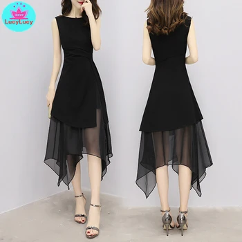 2021 m. vasarą naujų korėjos stiliaus plonas seksualus mados juodo šifono temperamentas suknelė moteriški drabužiai Užtrauktukų Rankovių Kietas