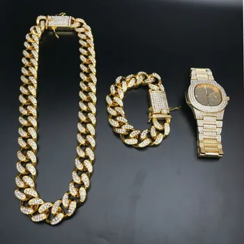 2cm Hip-Hop Aukso Ledo Iš Kubos Kristalų Miami Karoliai Grandinės Aukso Vyrų Watch & Karoliai & Apyrankę Combo Set Hip-Hop Vyrams