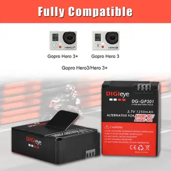 3Pcs 1250mAh AHDBT-301 302 Baterijas GoPro Hero 3 + LCD Dual USB Įkroviklio GoPro Hero 3 Hero 3+ Hero3 Kameros