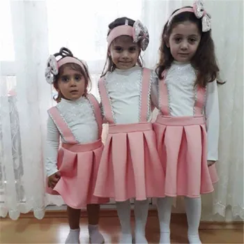 3Pcs Bamblys Vaikų Mergaičių Medvilnės China Komplektus Nėrinių Balta ilgomis Rankovėmis Viršūnes Dirželis Rožinis Sijonas Rudenį Kūdikių Merginos Kostiumas