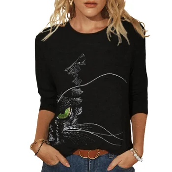 3XL Didelis Dydis Moterų 3D Katė Spausdinti Juodos spalvos Marškinėlius ilgomis Rankovėmis Naują Pavasario Rudens Prarasti Atsitiktinis Marškinėliai Moteriška O-Kaklo Camiseta de mujer