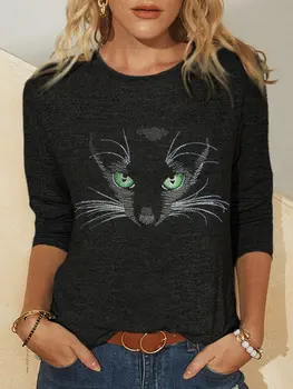 3XL Didelis Dydis Moterų 3D Katė Spausdinti Juodos spalvos Marškinėlius ilgomis Rankovėmis Naują Pavasario Rudens Prarasti Atsitiktinis Marškinėliai Moteriška O-Kaklo Camiseta de mujer