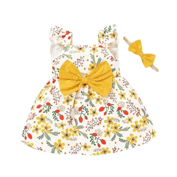 #40 Baby Girl Dress Bamblys Kūdikių Mergaičių Sprogimo Super Gražus Rankovės Saulėgrąžų Gėlių Spausdinti Princesė Dress+kaspinai Платья