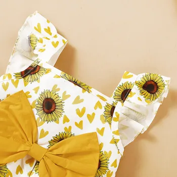 #40 Baby Girl Dress Bamblys Kūdikių Mergaičių Sprogimo Super Gražus Rankovės Saulėgrąžų Gėlių Spausdinti Princesė Dress+kaspinai Платья