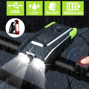 4000mAh Indukcijos Dviračių Priekinių žibintų Komplektas USB Įkrovimo 800 Liumenų Smart priekinis žibintas Su Ragų LED Dviračio Žibintas Ciklo dviračio Šviesos