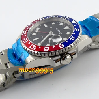 40mm parnis mėlyna/raudona bezel GMT safyras automatinė mens watch