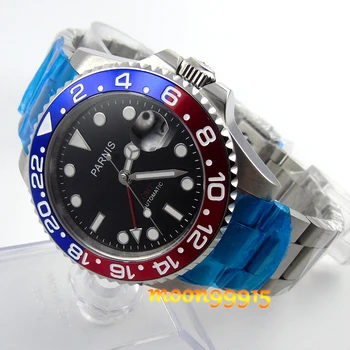 40mm parnis mėlyna/raudona bezel GMT safyras automatinė mens watch