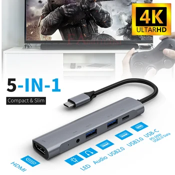 5-in-1 Tipo C Hub Tipo C į HDMI Adapteris 4K USB3.0 Reader USB-C Dongle 