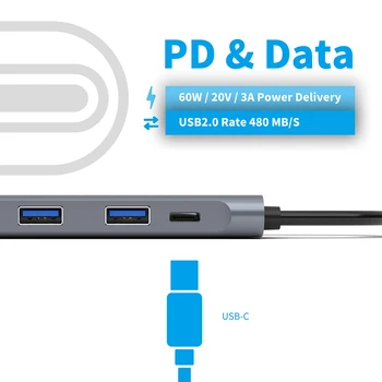 5-in-1 Tipo C Hub Tipo C į HDMI Adapteris 4K USB3.0 Reader USB-C Dongle 