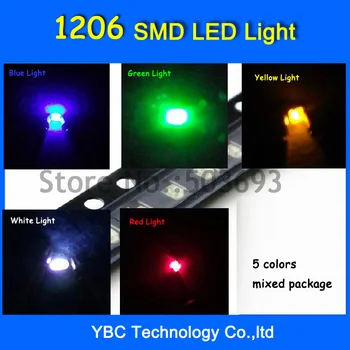 5valuesx100pcs=500pcs 1206 LED SMD Itin Ryškiai Raudona/Žalia/Mėlyna/Balta/Geltona LED Diodų Šviesa
