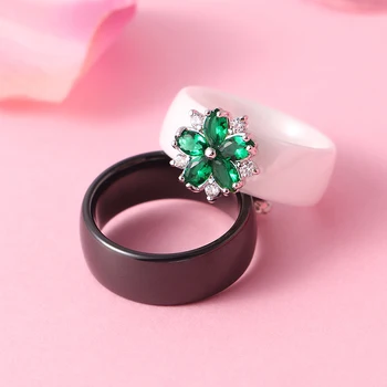AAA Žalia Gėlė Kristalų Moterų Žiedai 8mm Pločio Juoda Balta Sveikas Keraminiai Žiedai, Pirštas Moterų Vestuvių, Gimtadienio Dovana