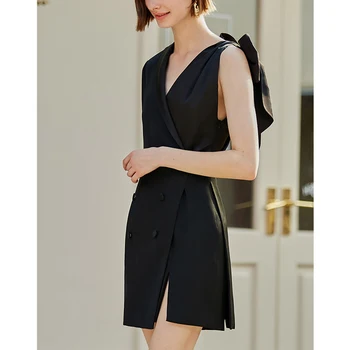 AEL bowknot nėrinių suknelė, švarkas Moterims, elegantiškas OLIS trumpa juoda suknelė šalis 2019 Seksualus rudens asimetrinė suknelė dvieiliai