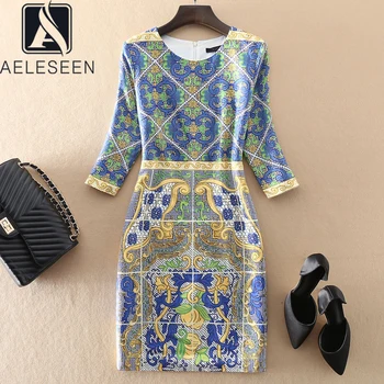 AELESEEN kilimo ir tūpimo Tako Mados Moterų Suknelė Pusė Rankovės Dizaineris Aukštos Kokybės Žakardo Suknelė Gėlių Spausdinti Blue Vintage Kelio Partijos Suknelė