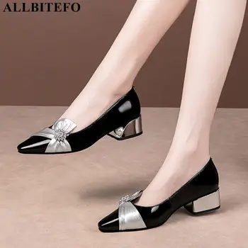 ALLBITEFO dydis 34-42 sidabro kulno lankas dizainas nekilnojamojo natūralios odos moterų aukštakulniai bateliai mados moterų kitten heels mažo kulno batų