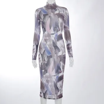 ANJAMANOR 2021 m. Pavasarį Naujas Spausdinti Akių ilgomis Rankovėmis Suknelė Moterims Clubwear Elegantiškas, Seksualus Permatomas Bodycon 