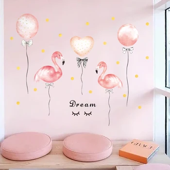 Animacinių filmų Romantiška Pink Flamingo Balionas Sienų Lipdukai Mergaičių Kambariai Apdaila, Nuimamas Tapetai Plakatai Sienos meno Decal