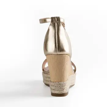 Arden Furtado vasaros pleištai aukšti kulniukai 10cm čiurnos dirželis natūralios odos platformos aukso sandalai moterų batai ponios mados batai