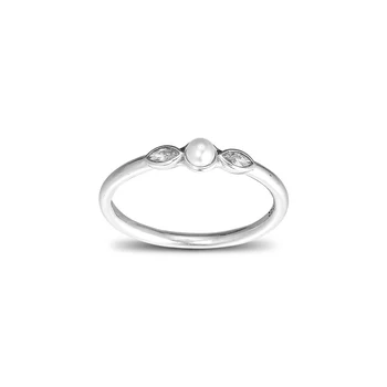 Autentiškas 925 Sterlingas Sidabro Žiedas White Pearl & Aišku, CZ Smulkus Šviesos Lapai, Žiedai, Moterų, Vestuvių, Sužadėtuvių Fine Jewelry