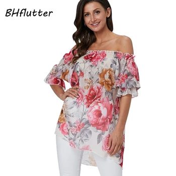 BHflutter 4XL Plius Dydis Moterų Palaidinė 2019 Naujas Off Peties Vasarą Palaidinės, Topai Ponios Gėlių Spausdinti Atsitiktinis Palaidų Šifono Marškinėliai