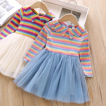 Baby Girl Dress 1-6T Mielas Pyplys Vaikus Naują Pavasario Mergaitės Cute Stripes Spausdinti Akių Susiuvimo Princesė ilgomis Rankovėmis Suknelė