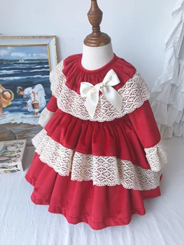 Baby Girl Rudens Žiemos Raudona Aksomo, Nėrinių ilgomis Rankovėmis Derliaus ispanijos Lolita Princess Kamuolys Suknelė Suknelė Mergina Kalėdų Atsitiktinis