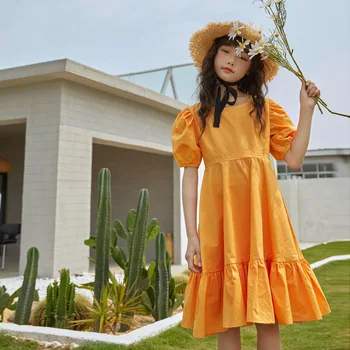Balta Oranžinė Medvilnės Vaikai Suknelė Drabužius Vasarą 2020 M. Naujas Didelis Mergaičių Suknelės Žibintų Ruffles Rankovėmis Suknelės Mergaitėms Mados