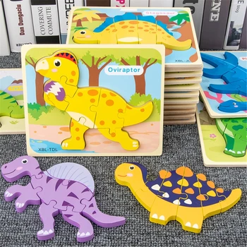 Bamblys Galvosūkiai 6 Pack Dinozaurų Medinės Dėlionės Bamblys Vaikai 2 3 4 Metų amžiaus, Švietimo Žaislai Ikimokyklinio amžiaus Kindergar