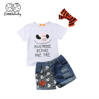 Bamblys Vaikai Mergina T-shirt Viršūnes+Džinsinio Šortai, Kelnės 3PCS Drabužių Komplektus 1-6T